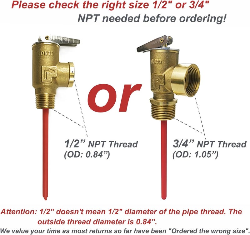 LECLOC صمام تخفيف ضغط سخان الماء RV 1/2" اتصال NPT، 210°F 150 psi صمام تخفيف الحرارة والضغط لسخان الماء الكهربائي، جسم نحاسي سميك مع مسبار ممتد - Image 5